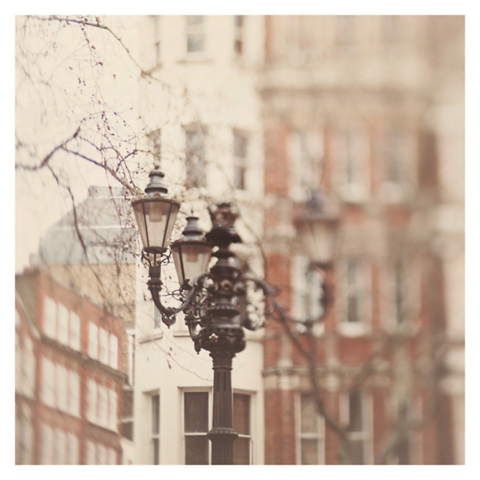 london city iron lamp building photo print - whimsical fine art architecture photography, color, cream, retro, red, tree - 8x8