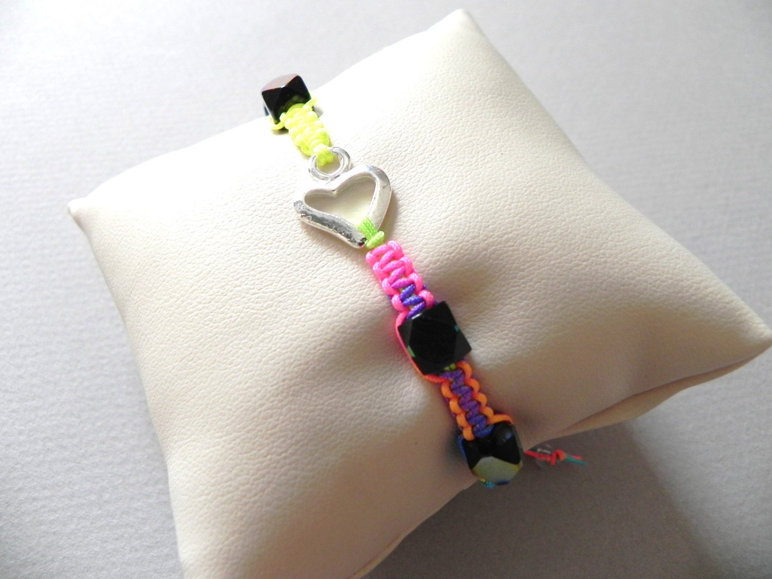 Tie-Dye Beaded Macramé Bracelet with SIlver Heart Charm and Black Beads