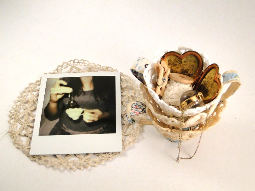 Lace Teacup - Doily and Vintage Atlas Paper White Teacup - Holds jewelry, keepsakes and trinkets