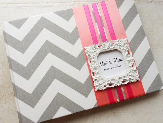 Gray Chevron Wedding Guest Book You Choose Ribbon and Frame Color (made to order)