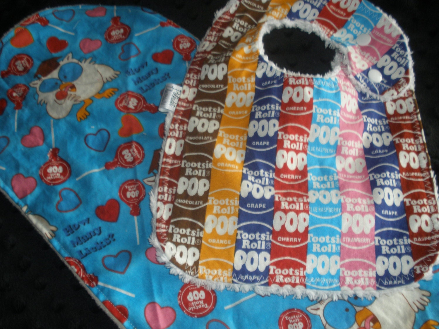 Set of 2:  Infant Bib in Toostie Pop and matching burp cloth set in Toostie Pop Owl "How many Licks"