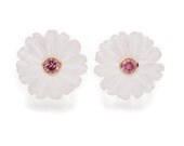 Crystal Quarts and Pink Sapphire Flower Earrings. Yellow Gold. Crystal Rock Flower. Clear Quartz. Ear studs. Flower Post Earrings.