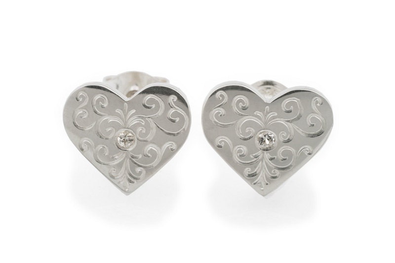 White Gold Heart Earrings. Diamonds. Hand Engraved Bridal Earrings. Heart Studs. Post Earrings.Weddin Jewelry.
