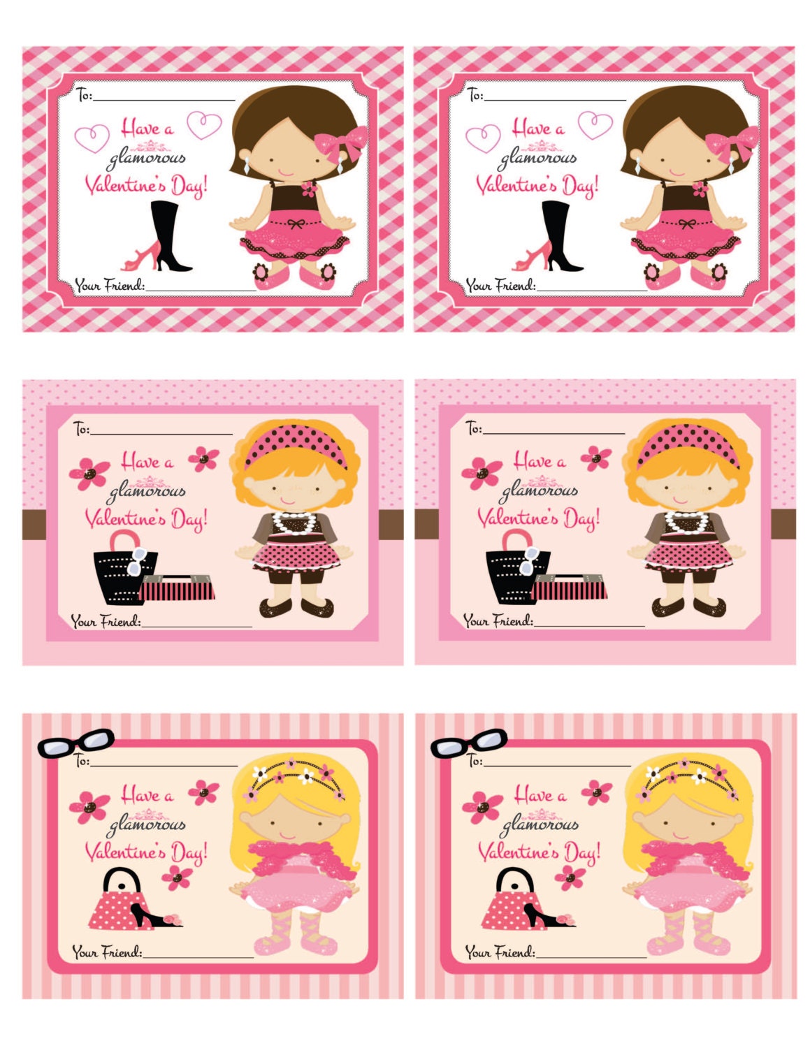 Kids Valentine's Day Cards --Pretty Pink Glamour Cards YOU PRINT -Digital File Only...Perfect for classroom friends, parties