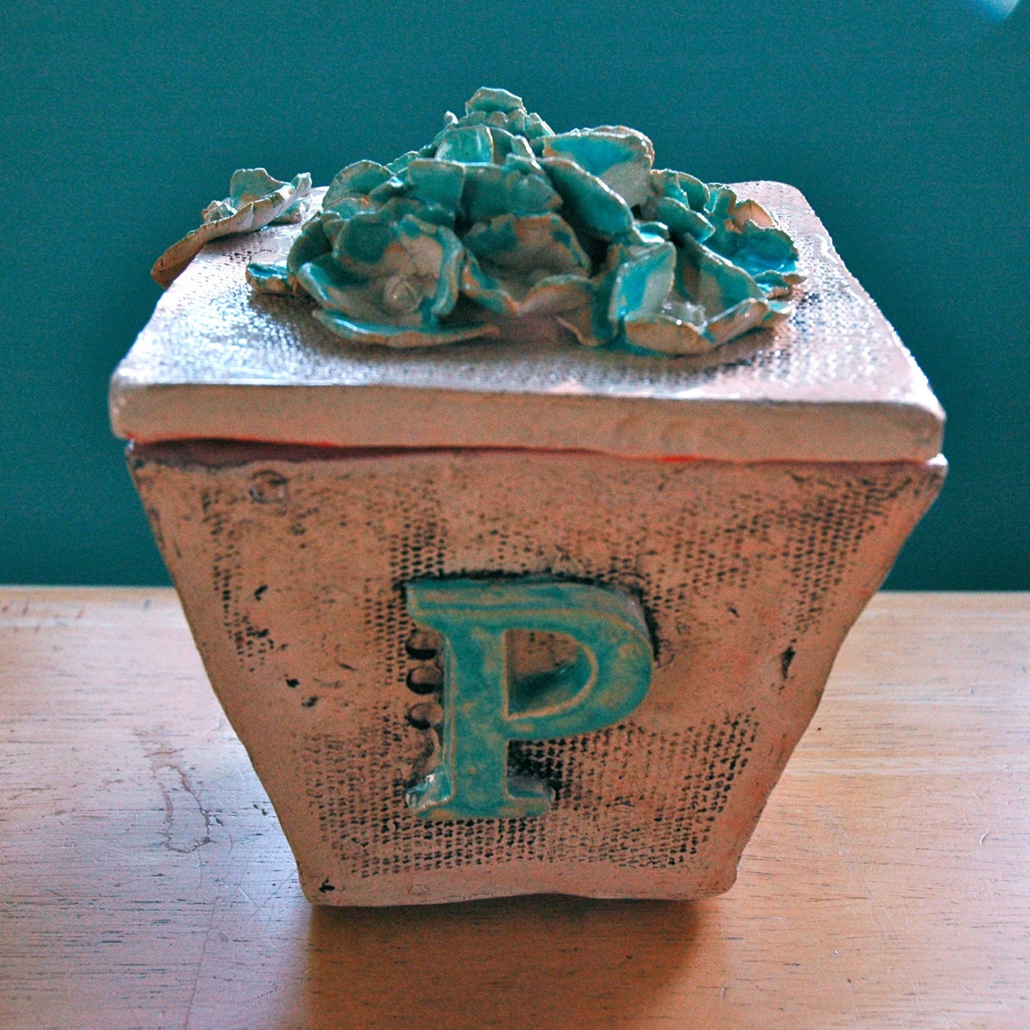 Vintage Style Home Decor: Clay, Ceramic Letter "P" Initial Box