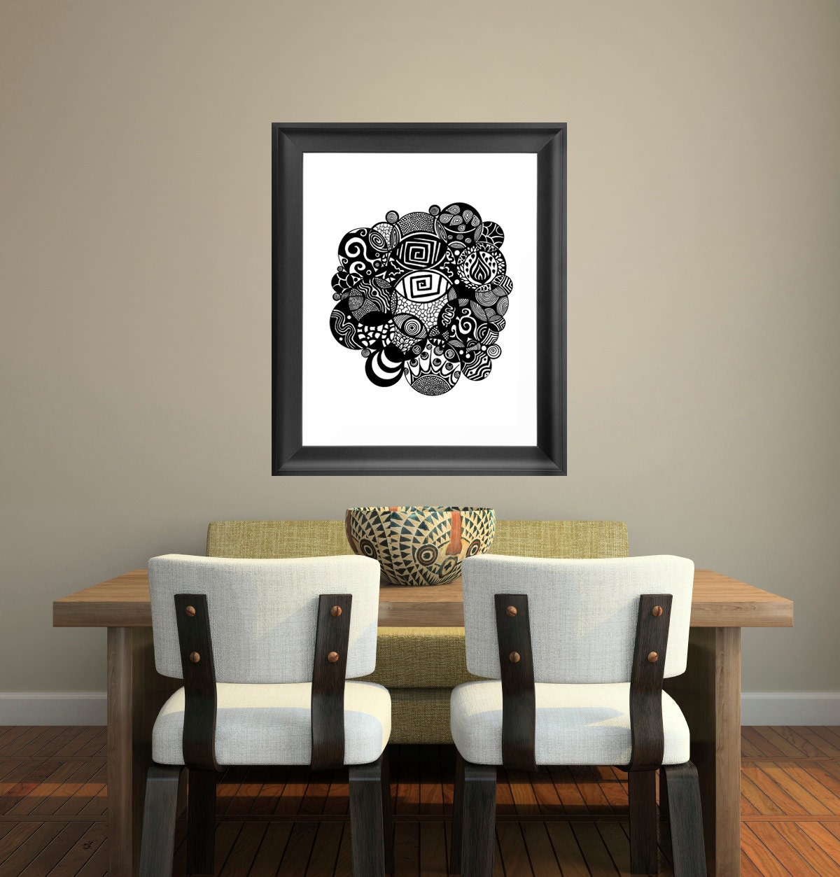 Poster Print 8x10 - Single Black and White Organic Circle - Art Illustration for Your Wall Decor