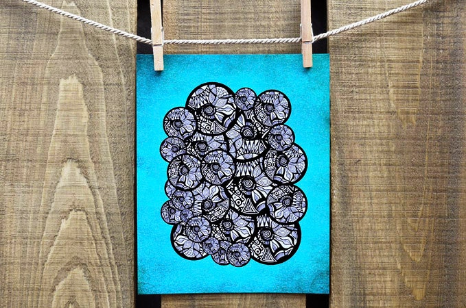 Poster Print 8x10 - Turquoise Abstract Nature Circles - of Fine Art Illustration for Your Wall Decor
