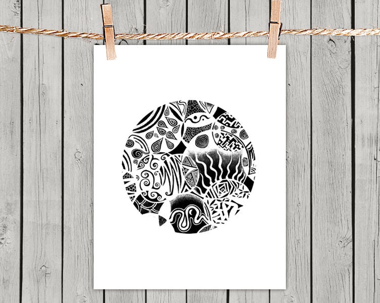 Poster Print 8x10 - White Tribal Inverted Circle - of Fine Art Illustration for Your Wall Decor
