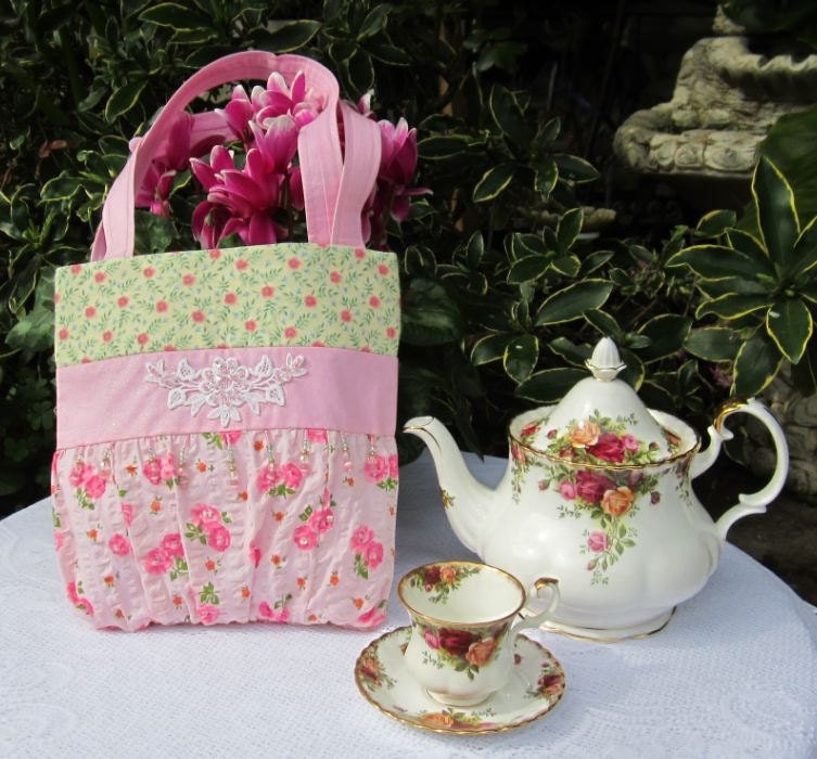 Handbag Tote Book Beach Sewing Ballerina Bag Pink Floral Flowers Cotton Candy Handmade
