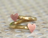Summer heart ring. OOAK handmade brass ring and two copper tiny hearts. Made to order item.