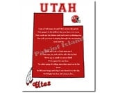 Utah Utes Football Art Print State Map College Fight Song Home Decor 8x10