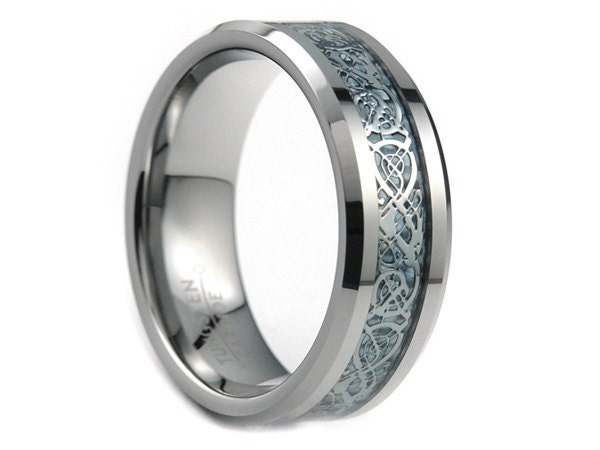 Personalized Engraved Tungsten Carbide Wedding Band Ring Light Blue Celtic Dragon Design Inlay 8mm (Free Laser Engraving) - Lasercraftdesign