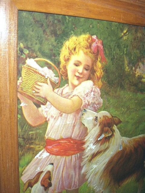 Victorian Girl in Pink Dress,Collie, Jack Russell Terrier Dog,Holding Picnic Basket, Sweet Antique Flawed Framed Chromolithograph Print