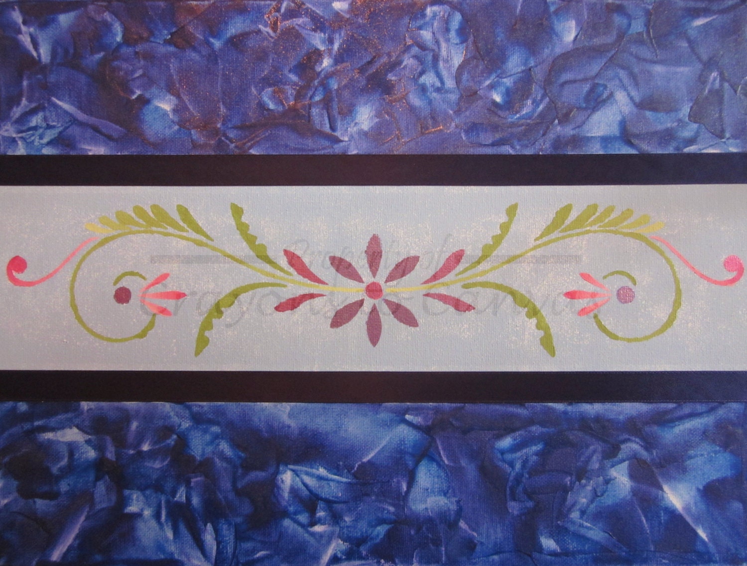 Melted Crayon Art- Original Decorative Floral Scroll blues purple and pink with glitter