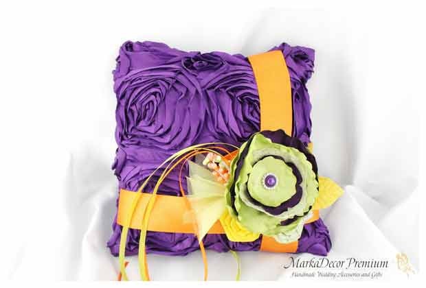 Wedding Ring Pillow in Purple Green Orange and Yellow with Brooches Crystals Handmade Flowers