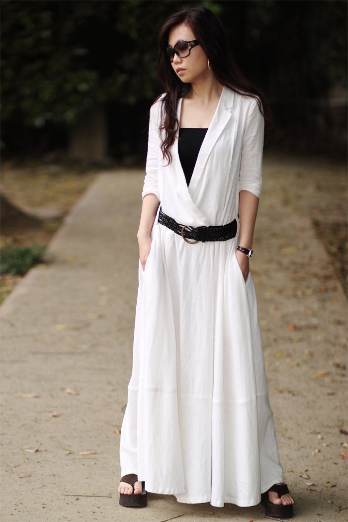 women's  white flax Sexy Casual big Pleat big pocket Linen Maxi Dress Day dress Sundress linen cotton Long Maxi Skirt qz34