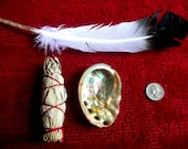 Sage Smudge Kit - One (1) White Sage Stick/small Abalone Shell/Feather - Dried Herb, Incense, Cleanse, New Age, Pagan, Wiccan, On a stick