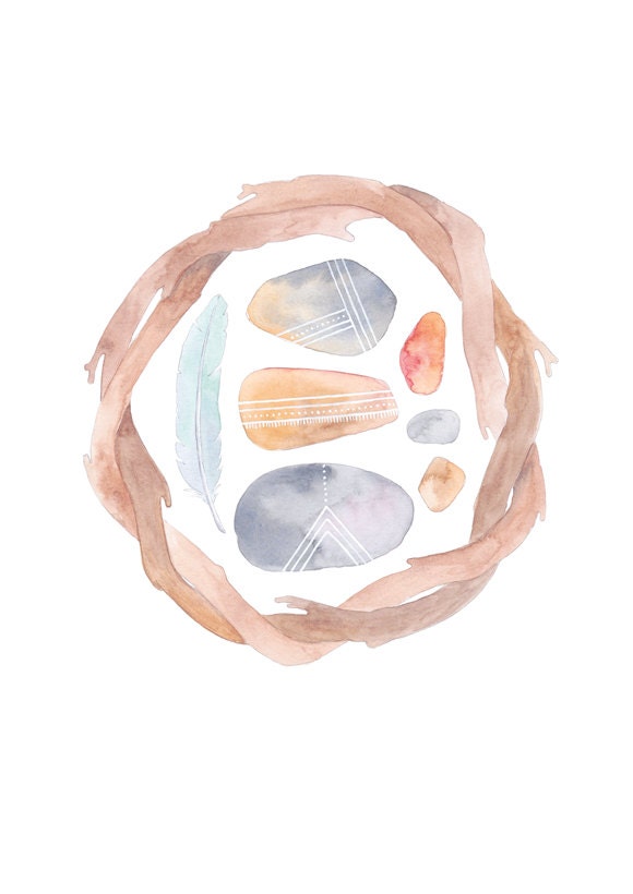 My Stone Collection III - Watercolor Print 8 x 10, Sticks, Stones and Feathers, Pink, Yellow & Grey Nature - todaysunshine