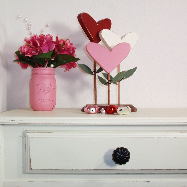 3- Heart Flowers On A Pedestal- Valentines Colors- Home Decor- Cottage Chic-Shabby-Distressed Wood- Weddings-Primitive