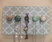 Jewelry Organizer Necklace Rack, Stenciled with Decorative Knobs, aqua blue brown