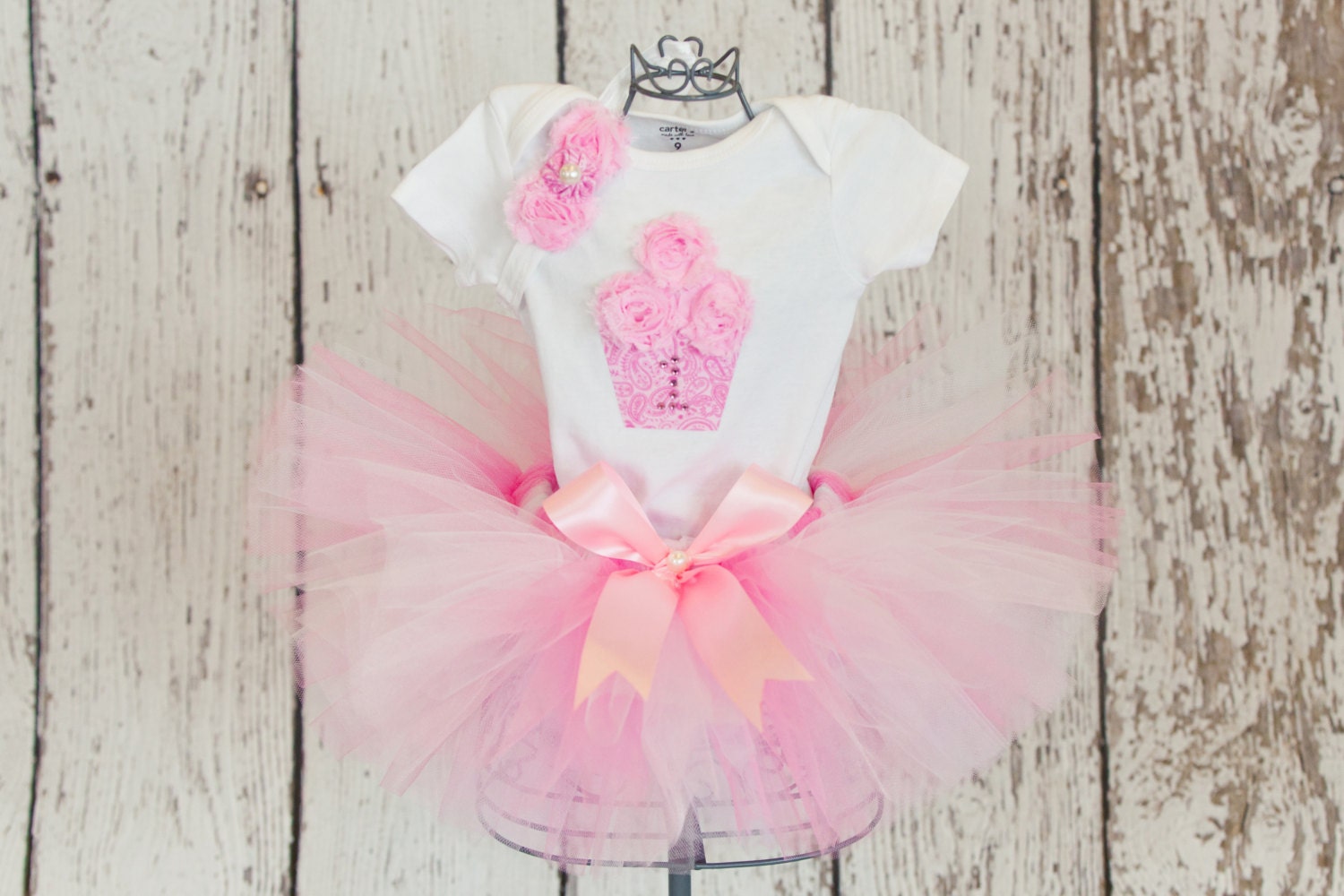 Baby Girl's First Birthday Outfit-3 Piece Sewn Tulle Tutu Skirt with Shirt and 3D Cupcake w/ Age Number & Headband - 9 month-4T