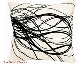 Modern Black Abstract Size Customizable Linen Decorative Pillow Cover - White Linen with Black Embroidery
