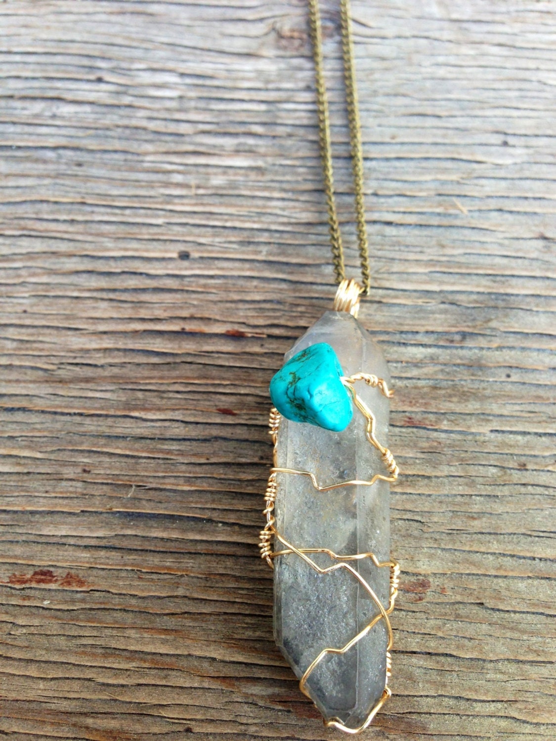 Beautiful wire wrapped turquoise howlite stone and smoky quartz crystal necklace