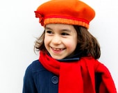 SALE 25% Orange beret with flower, Girls beret orange with red, Kids winter hat with orange and red - RedPepperHats