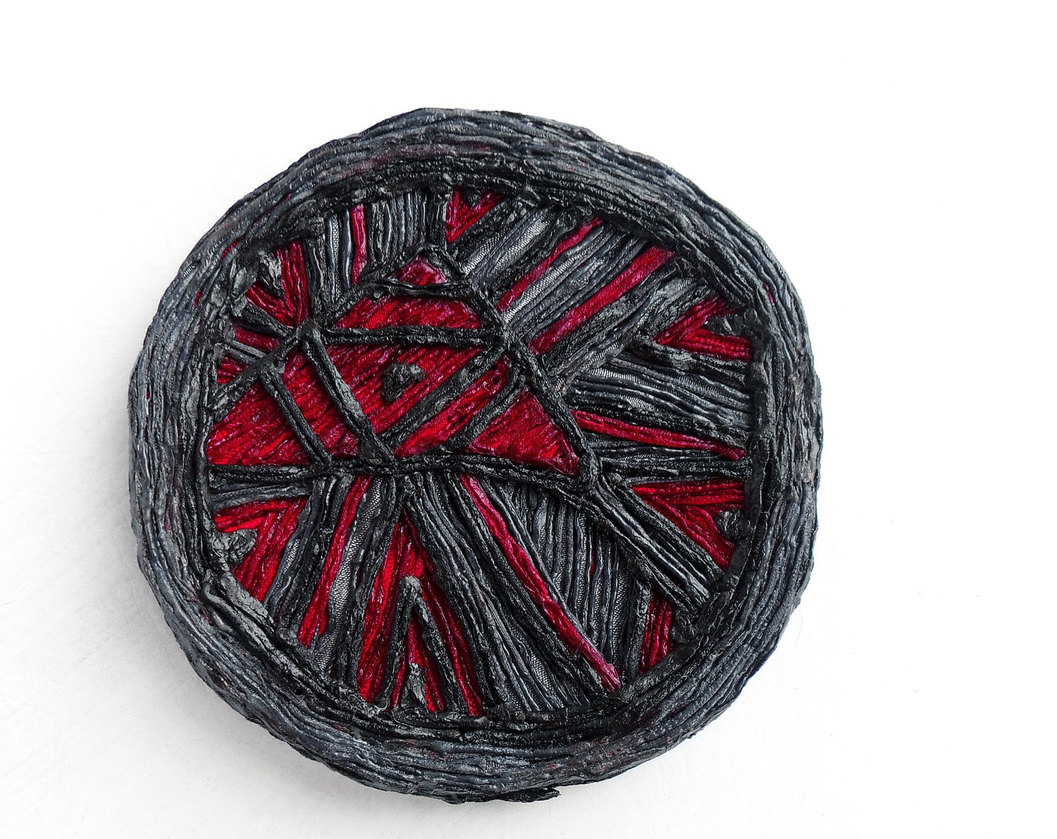 Red, black, gray geometric wall art - wall hanging, abstract wall sculpture, grey round art tile, singed fabric hanging sculpture, tribal