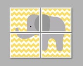 Elephant Nursery Art Print Set of Four - Chevron - Kids Room, Nursery, Home Decor - 8x10 - Yellow and Grey/Gray OR Choose Colors - Mint - 4