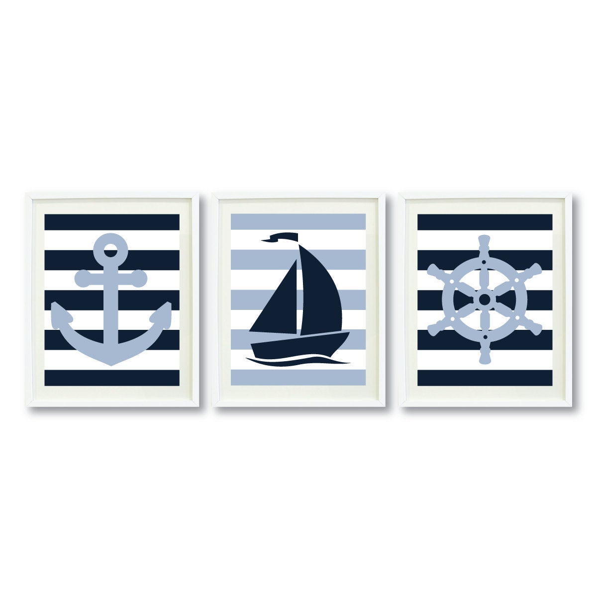 Three Piece Striped Nautical Print Set for Nursery, Kids Room, Home Decor-11x14-Baby Blue-White-Navy OR Choose colors-Anchor-Boat-Wheel-3