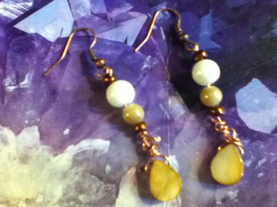 Siren- Custom made wire wrap Pearl beads copper/brass earrings with Abalone shell teardrops-other color options