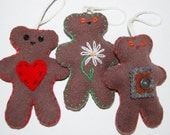 Scented Wool Teddy Bear Ornaments SET OF 3 Christmas Tree Upcycled Vintage Blanket Felt - Brown Floral Heart - 5"