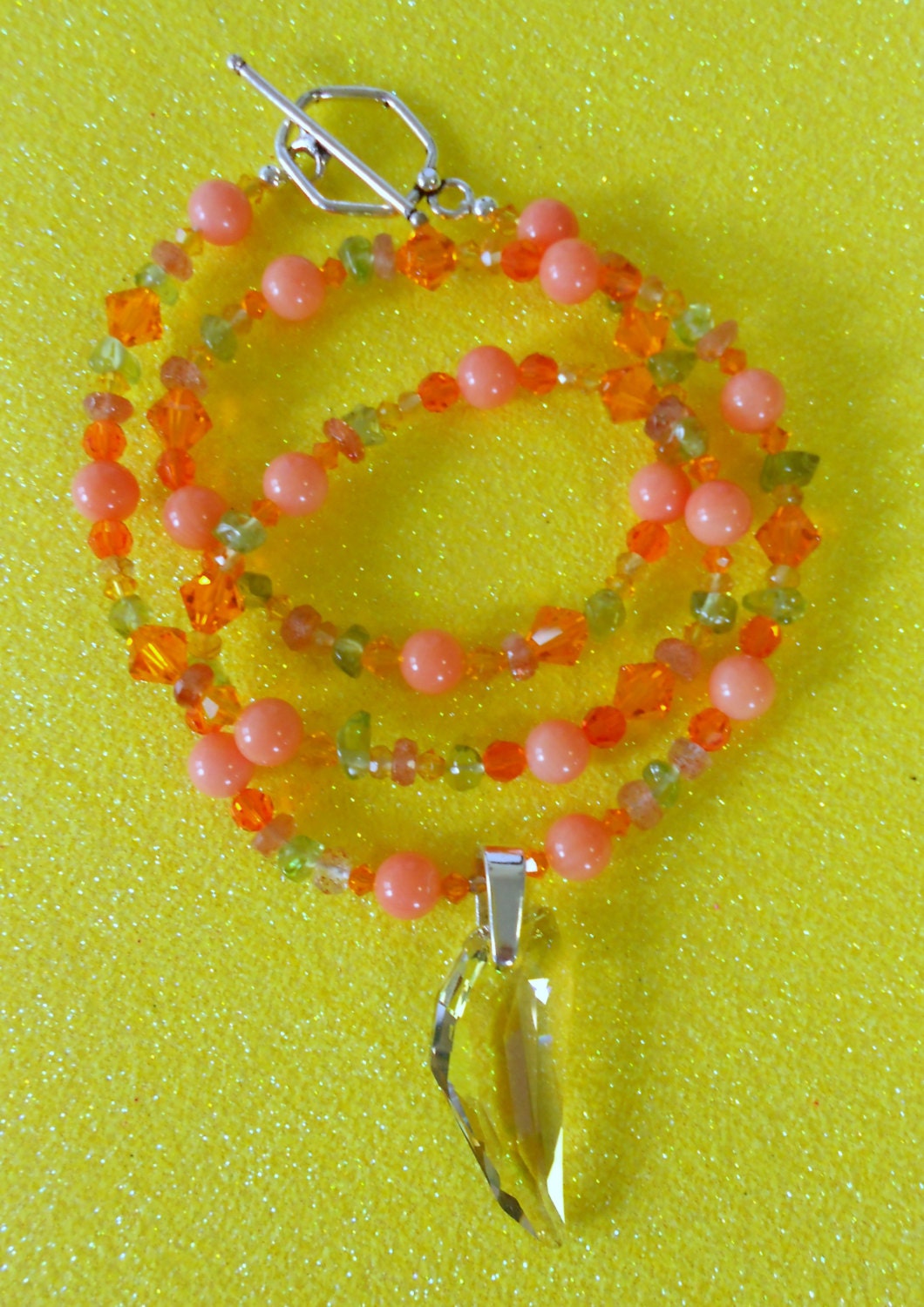 Coral, Peridot, Sunstone, and Swarovski Crystal Necklace