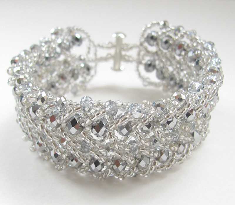 Silver White Crystal Flat Spiral Stitch Bracelet