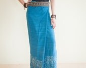 Thai Wrap Around Gypsy Sarong Skirt Fine Stripe Textured Cotton Flora Design Free Size (Sky Blue TW-2)