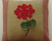 Summer Red Felt Geranium Natural Burlap Pillow Cover