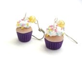 Vanilla cupcakes with sprincles and purple wrapper- polymer clay- mini food jewelry- dangle earrings with pearls- - DevineDecadance