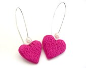 ON SALE- Pink knitted earrings- polymer clay jewelry - dangle hoop earrings with polymer clay and pearls - DivineDecadance