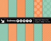 INSTANT DOWNLOAD Mint & Coral Chevron, Polka Dot, Stripes and Triangle Pattern Digital Papers Pack. Scrapbook / Invites DIY 12x12 jpg.