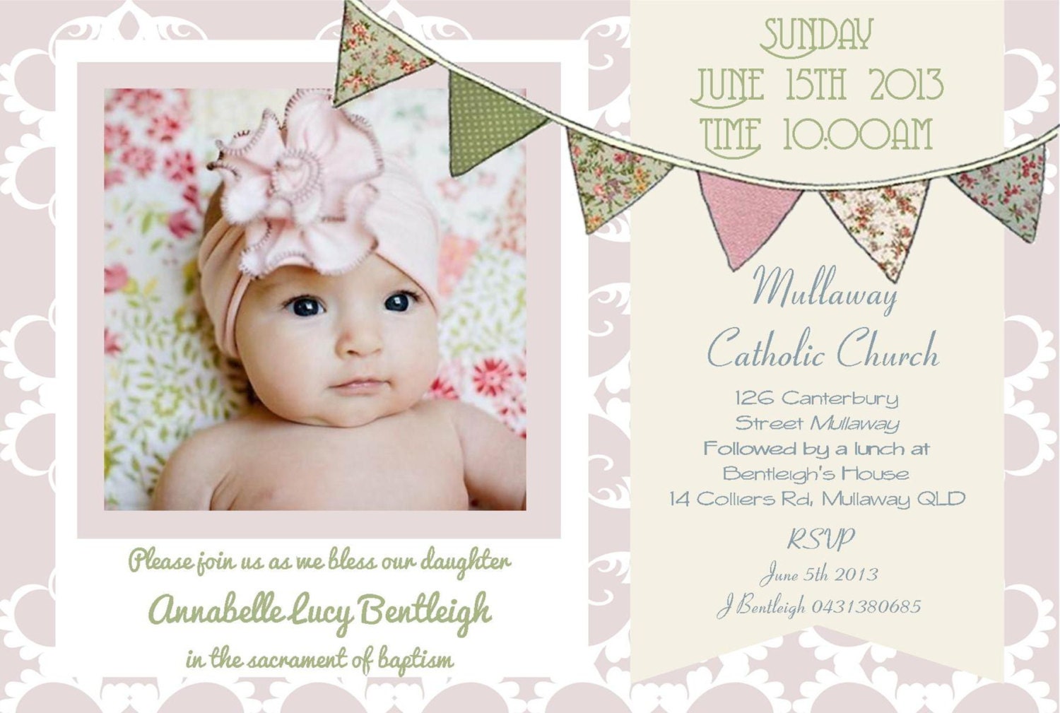 Baby girl birth announcement baptism birthday invitation card bunting floral pastels diy printable photo