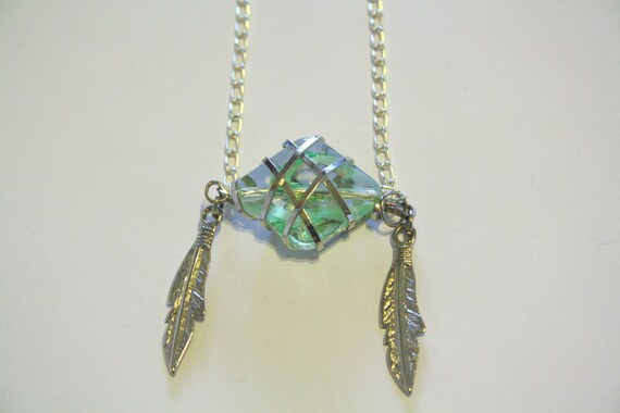 light mint pendant with dangle feathers, wire wrapped, acrylic, silver coated, sideways, gift for her, womans jewelry, necklace
