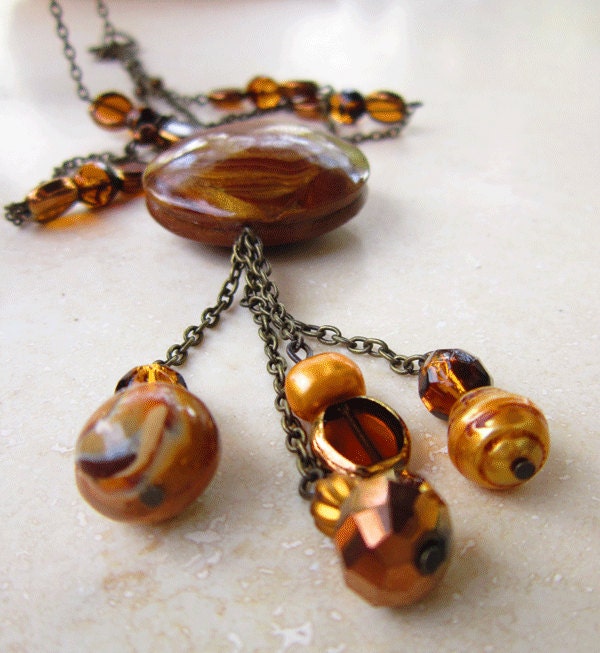 Long polymer clay necklace - Brown pendant necklace - Handmade pendant necklace - Antiqued long chain necklace