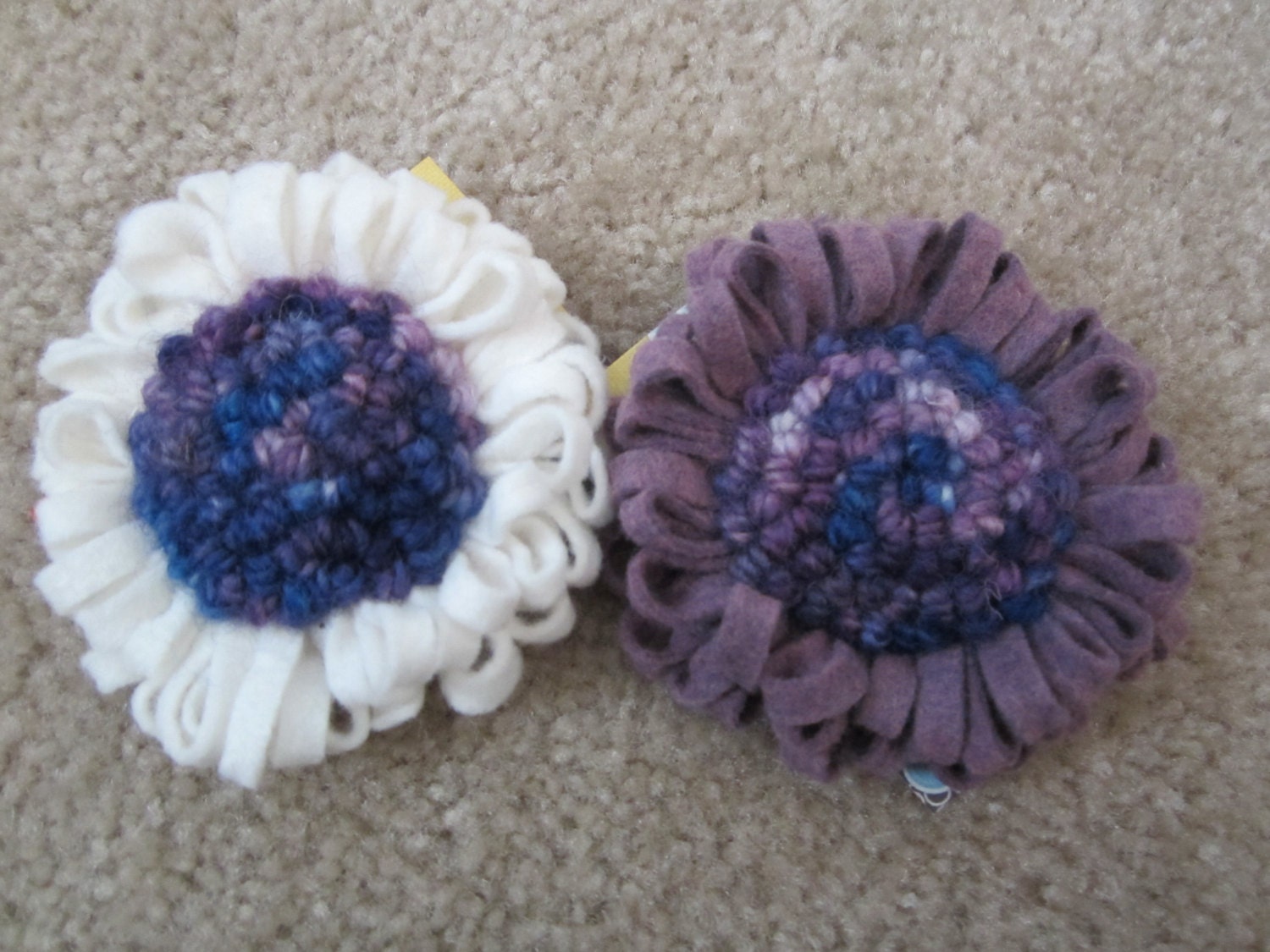 Purple Pulled Wool and Punched Flower Pins