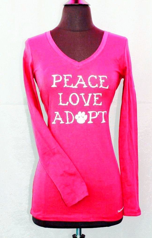 Peace Love Adopt - Ladies Long Sleeve T-shirt in GRAY and PINK - PLUS Sizes