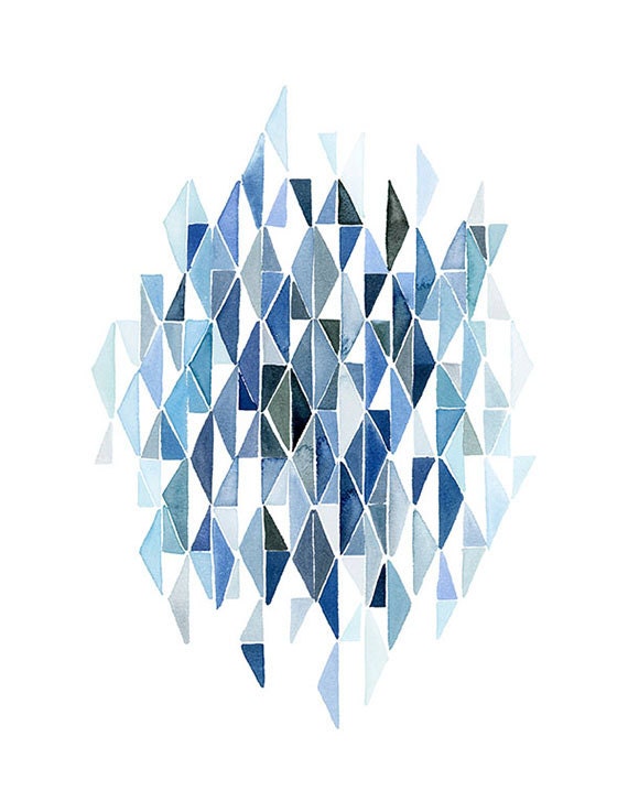 Handmade Watercolor Painting- Abstract Blue Triangles- 8x10 Wall Art Watercolor Print