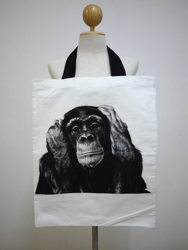 The Playful Chim (Big Size) : Cute Monkey Animal Canvas Bag Tote Bag Shopping Bag Market Bag Chic Fashion Bag Animal Screen Print Cotton