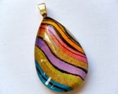 OOAK Tear Drop Glass Tile Pendant Calendar Recycled Material Necklace Rainbow Color Wavy Lines Upcycled Paper Repurposed Colorful Jewelry