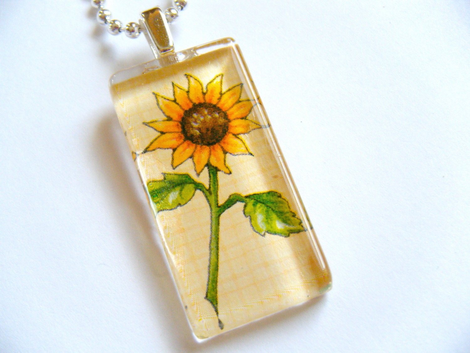 OOAK Yellow Sunflower Flower Sun Sunshine Glass Tile Recycled Material Upcycled Paper Pendant Gardener Necklace Nature Floral Jewelry