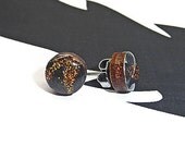 Round wooden stud earrings black with gold glitter, post earrings, wood earrings, black wood earrings, black glitter earrings